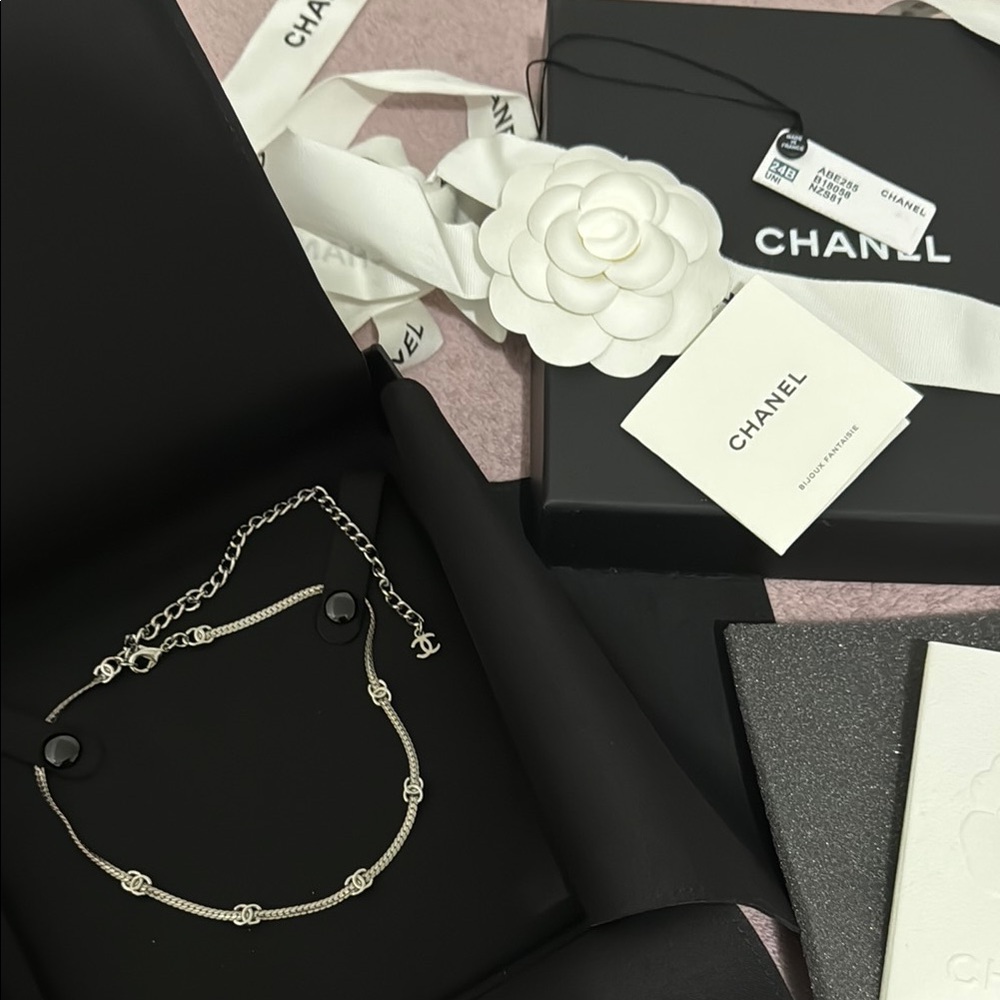 CHANEL Silver Chain Necklace with Black Accents